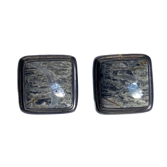 Vintage Sterling Silver Gray Stone Square Earrings Clip On Chunky Mottled Stone - Picture 3 of 11
